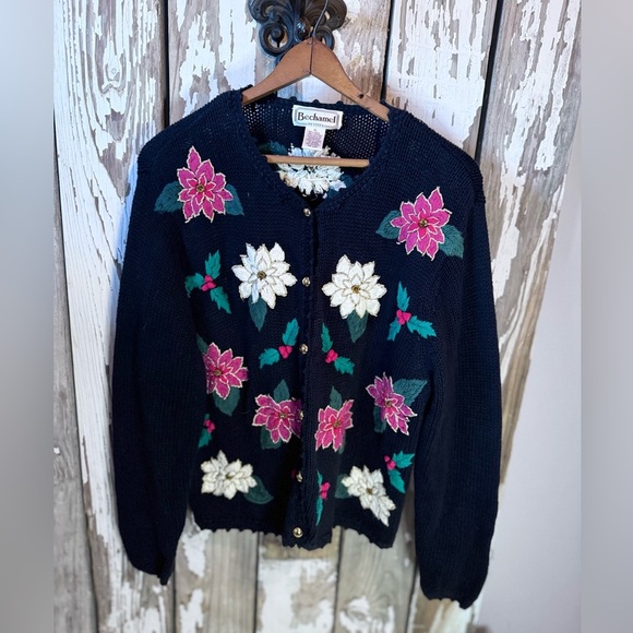 Bechamel Poinsettia & Holly Cardigann Christmas Sweater Size  Large Petite VTG - Picture 7 of 10
